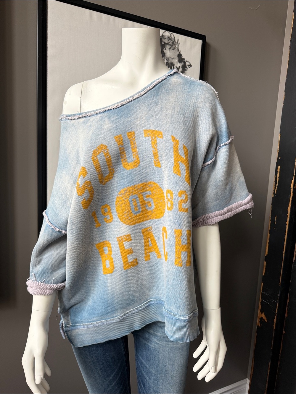 We The Free South Beach Graphic Off-Shoulder Sweatshirt - Light Blue & Yellow